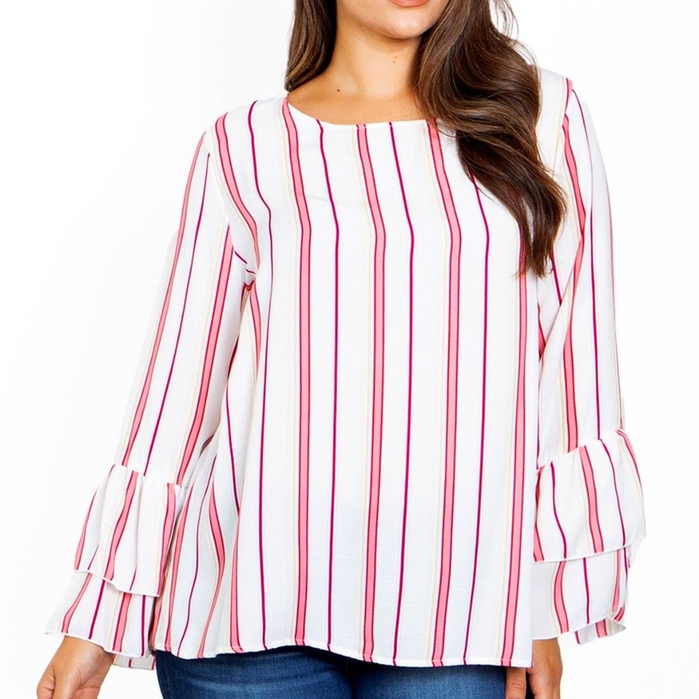 Brand New Ivory Plush Stripes Bell Sleeve Womens Plus Size Top -1XL